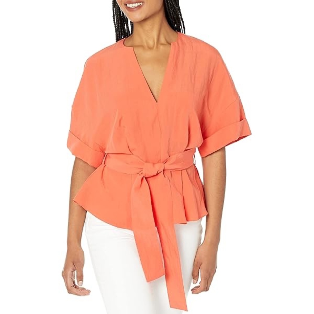 Vince Cuffed Short Sleeve V-Neck Blouse Orange Size Large